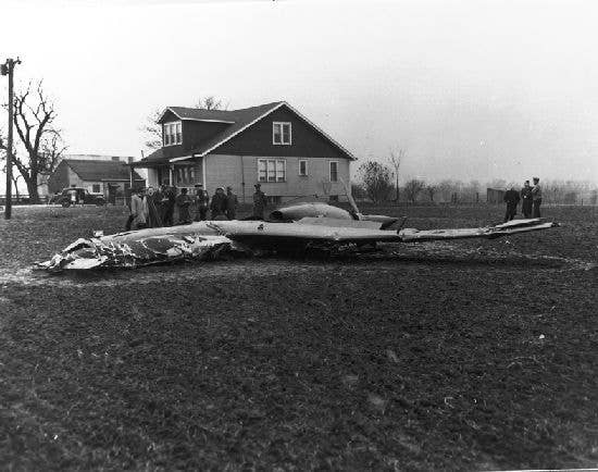 <em>The wreckage of the first XP-55 prototype (U.S. Air Force)</em>
