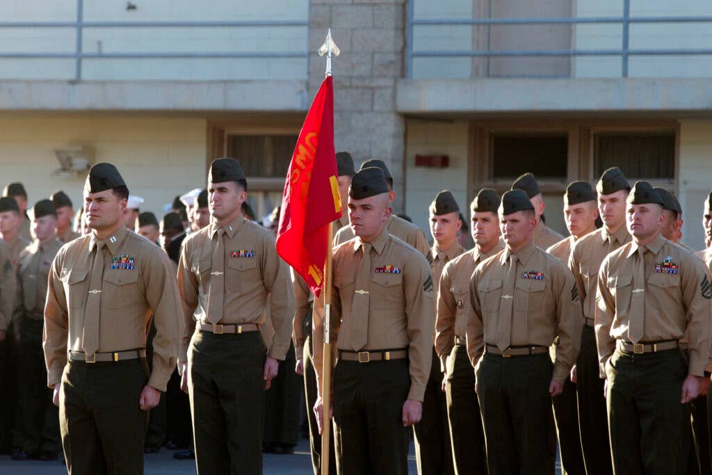 Marines with 1st Light Armored Reconnaissance Battalion stand in formation during an award ceremony here, Jan. 22, 2013. (U.S. Marine Corps photo by Lance Cpl. Joseph D. Scanlan)