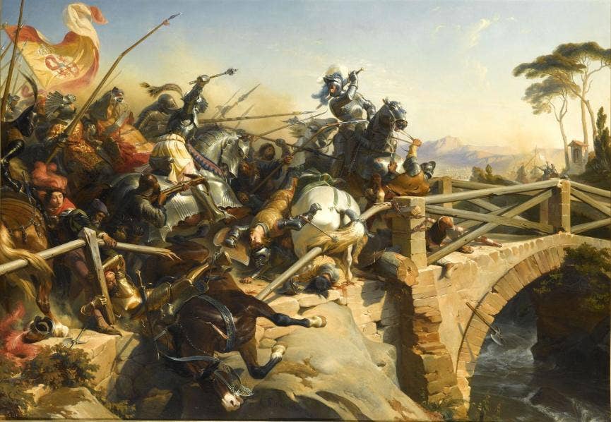 Bayard at the <a href="https://en.wikipedia.org/wiki/Battle_of_Garigliano_(1503)">Battle of Garigliano (1503)</a>, by <a href="https://en.wikipedia.org/wiki/Henri_F%C3%A9lix_Emmanuel_Philippoteaux">Philippoteaux</a>.