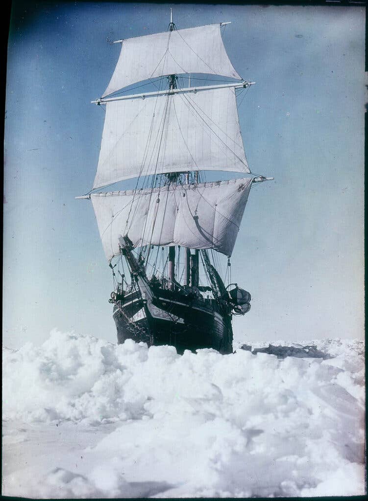 <em>Endurance</em> under steam and sail trying to break through pack ice in the <a href="https://en.wikipedia.org/wiki/Weddell_Sea">Weddell Sea</a> on the <a href="https://en.wikipedia.org/wiki/Imperial_Trans-Antarctic_Expedition">Imperial Trans-Antarctic Expedition</a>, 1915, by <a href="https://en.wikipedia.org/wiki/Frank_Hurley">Frank Hurley</a>.