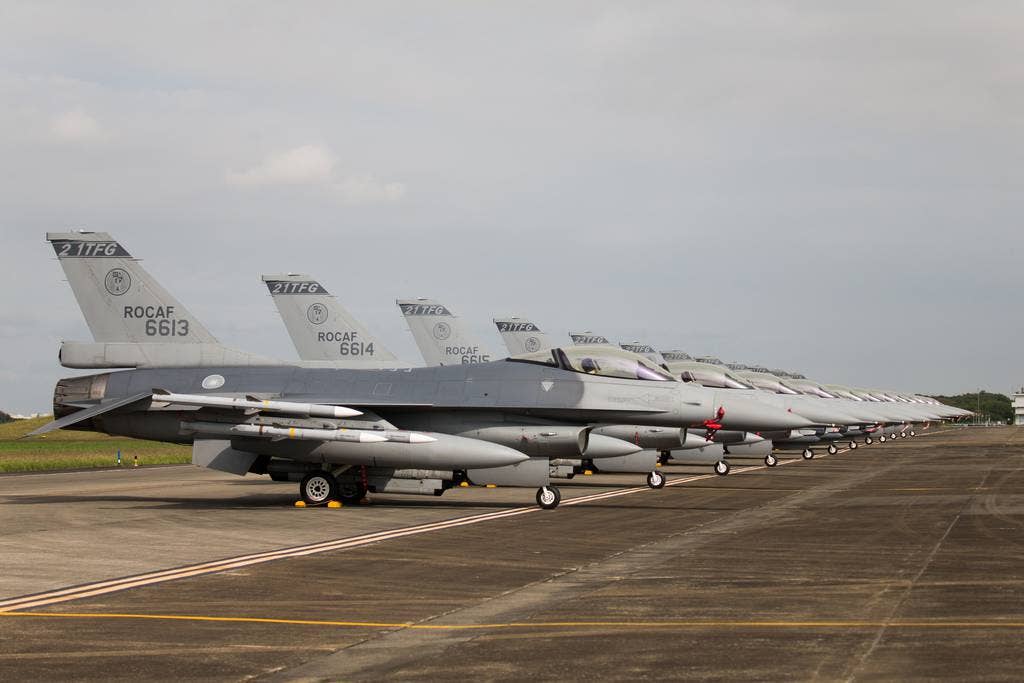 <em>F-16s sit on the flight line at Chiayi Air Base (ROCAF)</em>