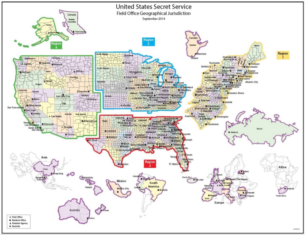 Map of the Secret Service and their jurisdictions; image via Wikimedia Commons.