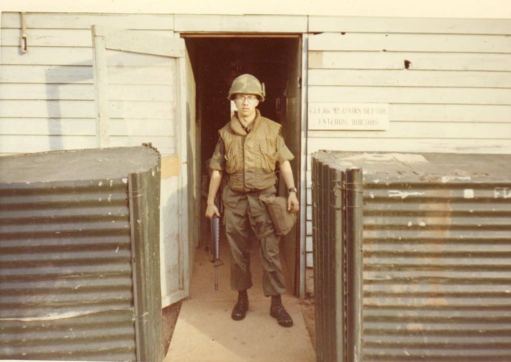 <a href="https://en.wikipedia.org/wiki/U.S._Army" target="_blank" rel="noreferrer noopener">U.S. Army</a> soldier wearing a flak jacket, during the <a href="https://en.wikipedia.org/wiki/Vietnam_War" target="_blank" rel="noreferrer noopener">Vietnam War</a>.