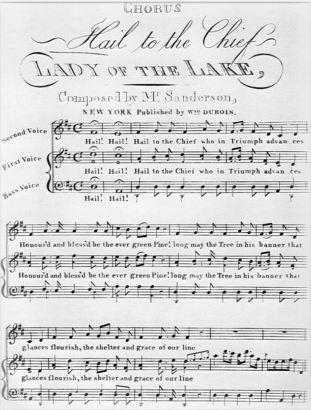 Sheet music for the song whose tune became the presidential fanfare, with the melody, on the middle staff, carried by "First Voice".
