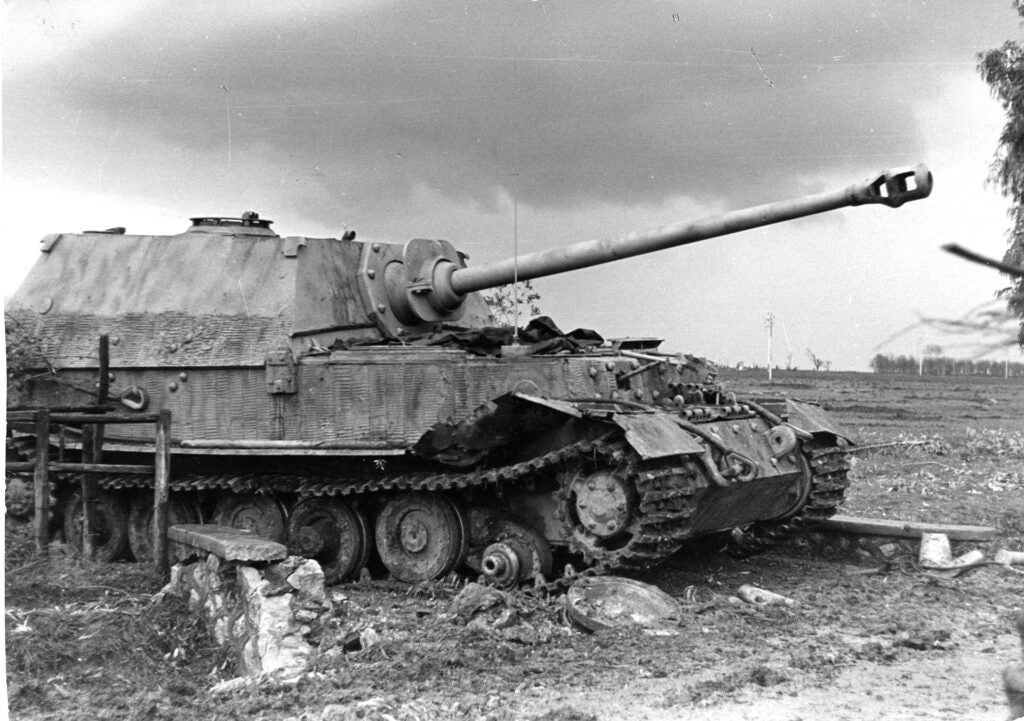 A disabled and abandoned Elefant tank