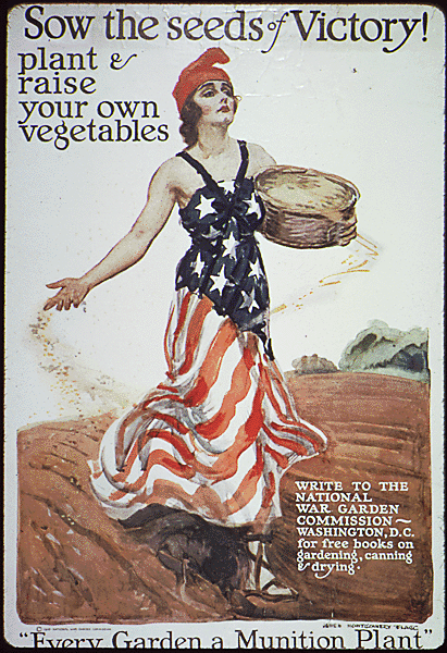 WWI-era U.S. victory poster featuring <a href="https://en.wikipedia.org/wiki/Columbia_(name)">Columbia</a> sowing seeds.