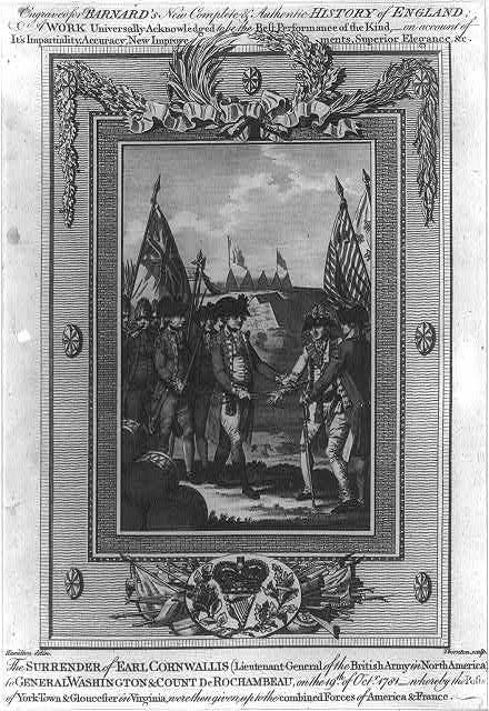 General O'Hara surrenders the sword of Lieutenant-General Cornwallis to Count de Rochambeau and General Washington.<br>Anonymous engraving (ca. 1783).