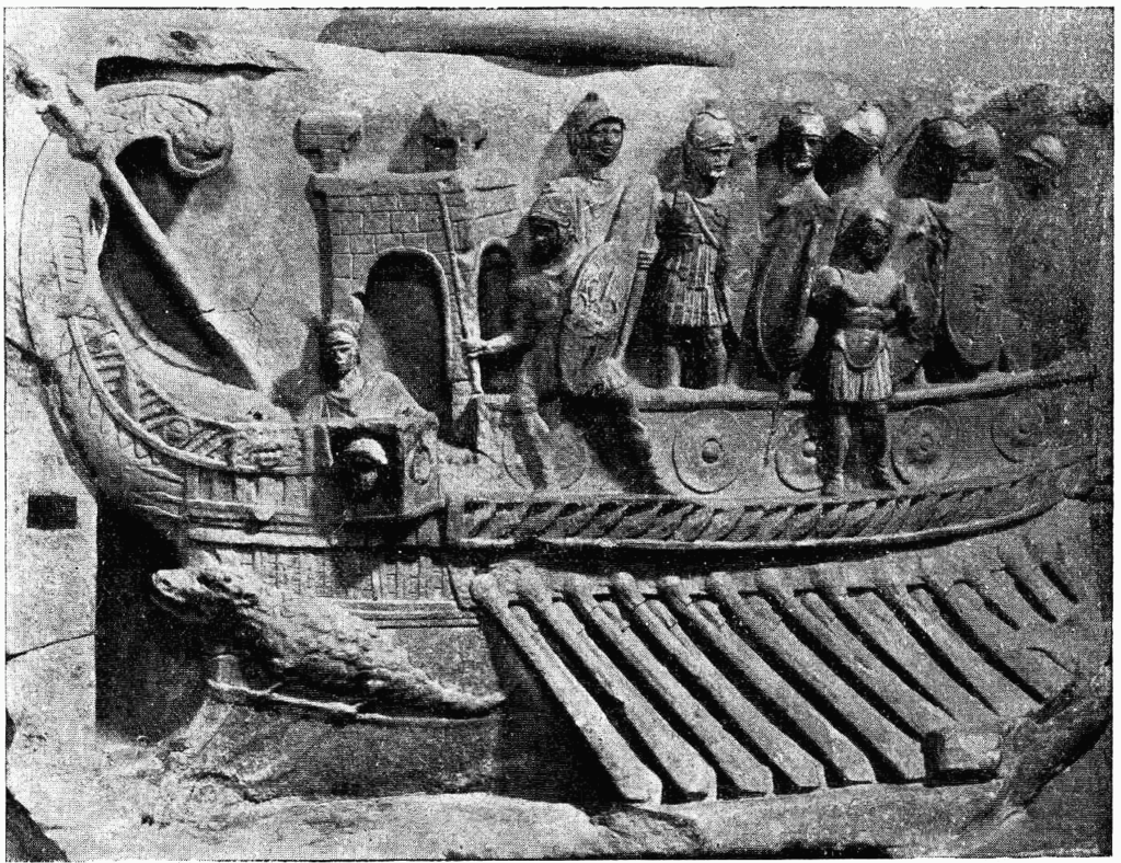 A Roman naval bireme depicted in a relief from the Temple of Fortuna Primigenia in Praeneste (Palastrina), which was built c. 120 BC; exhibited in the Pius-Clementine Museum in the Vatican Museums.