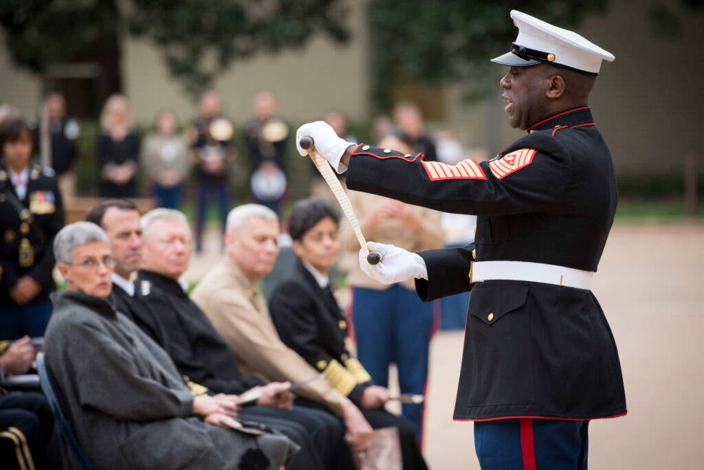 Former Sergeant Major of the Marine Corps Ronald Green reads a message from the 13th Commandant of the Marine Corps Maj. Gen. John A. Lejeune.
