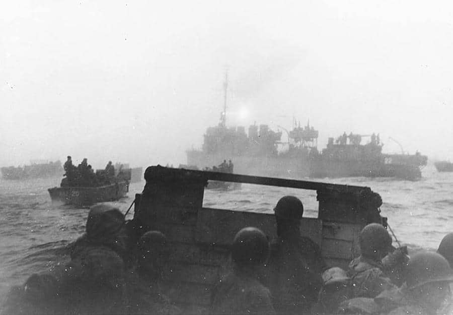 USS Pruitt leads landing craft from USS Heywood toward their landing beaches in Massacre Bay, Attu, on the first day of the May 11, 1943, invasion of Alaska