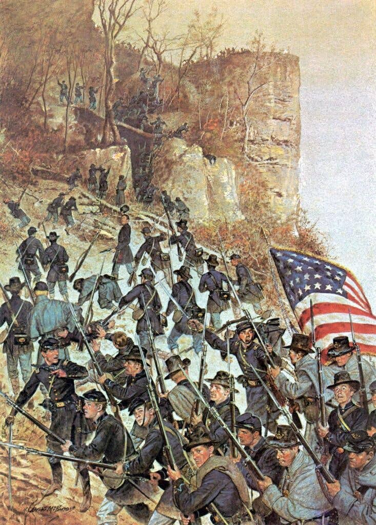 <em>The 6th Wisconsin was known for their large, black top hats (U.S. Army)</em>