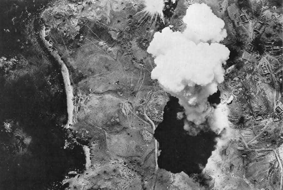 Bombs dropped from a U.S. bomber detonate on Japanese-occupied Kiska Island, Alaska, on August 10, 1943