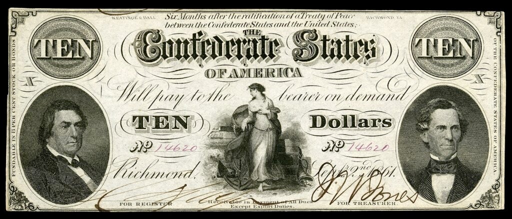 10-долларовая купюра CSA во время рынка гражданской войны