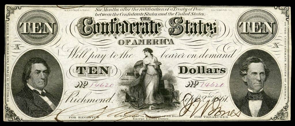 CSA 10 dollar bill during civil war markets