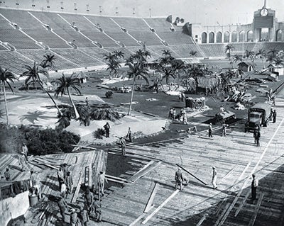 Film studios provided sets that U.S. Navy Seabees constructed on the field in the battle of the LA coliseum