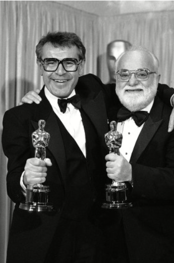 Milos Forman and Saul Zaentz with their Oscars for <em>Amadeus</em>.