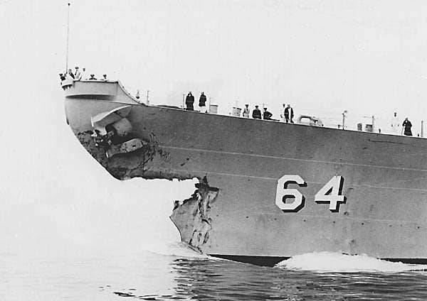 Damage to <em>Wisconsin</em>'s bow from collision with <em>Eaton</em> on May 6, 1956.