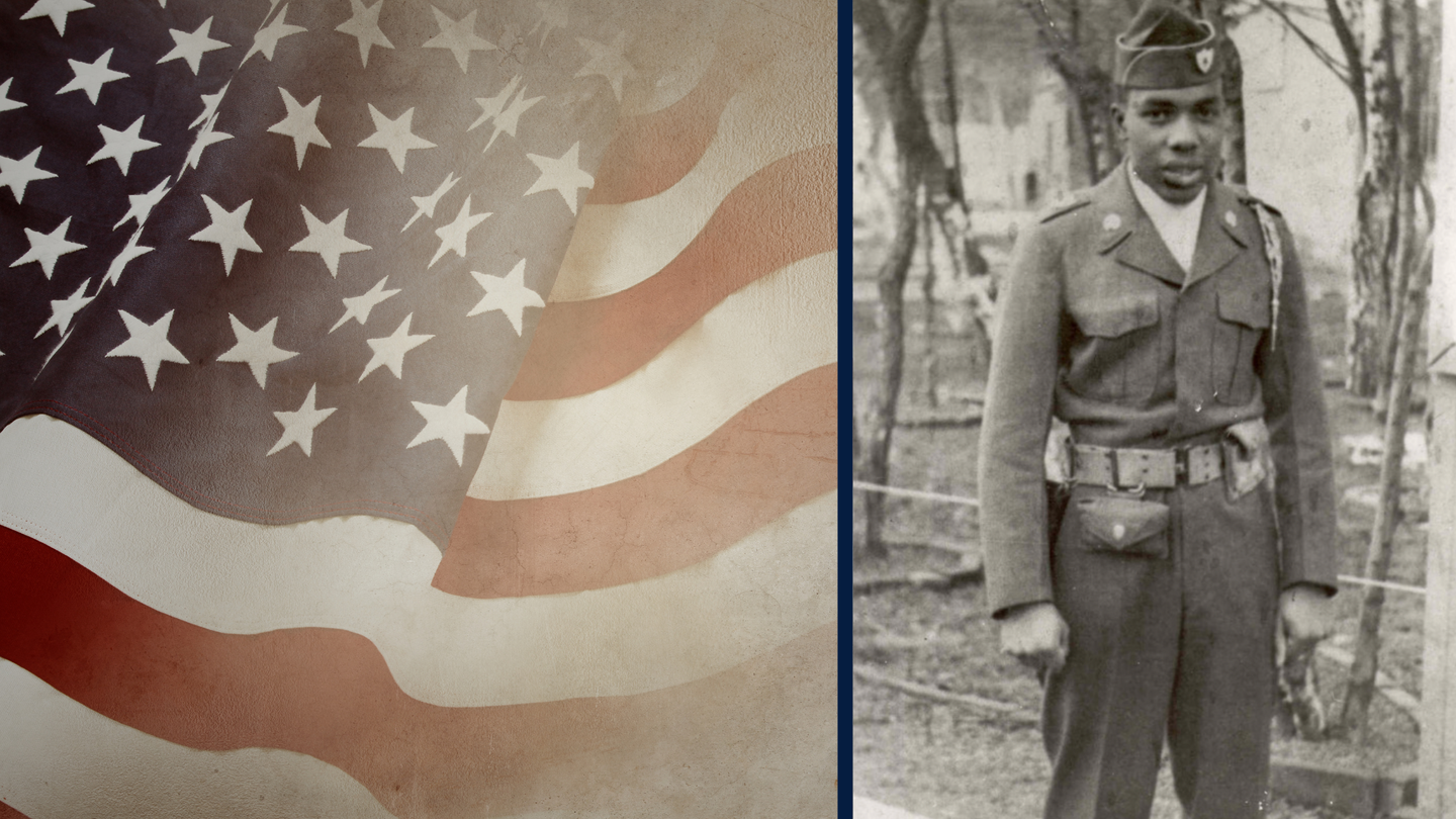 Photo of Eugene Ashley Jr with an American flag background