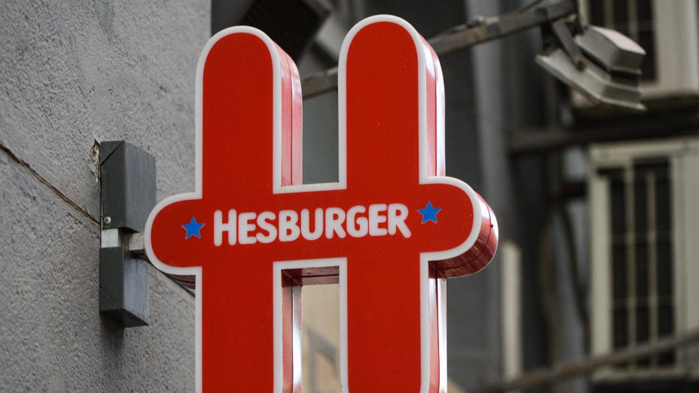 Logo of Hesburger, the largest hamburger restaurant chain in Finland, Estonia, Latvia and Lithuania with a market share larger than that of U.S.-based rival McDonald's. (Photo by Artur Widak/NurPhoto via Getty Images)
