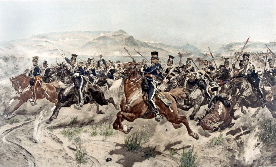 an oil painting of men on horses fighting