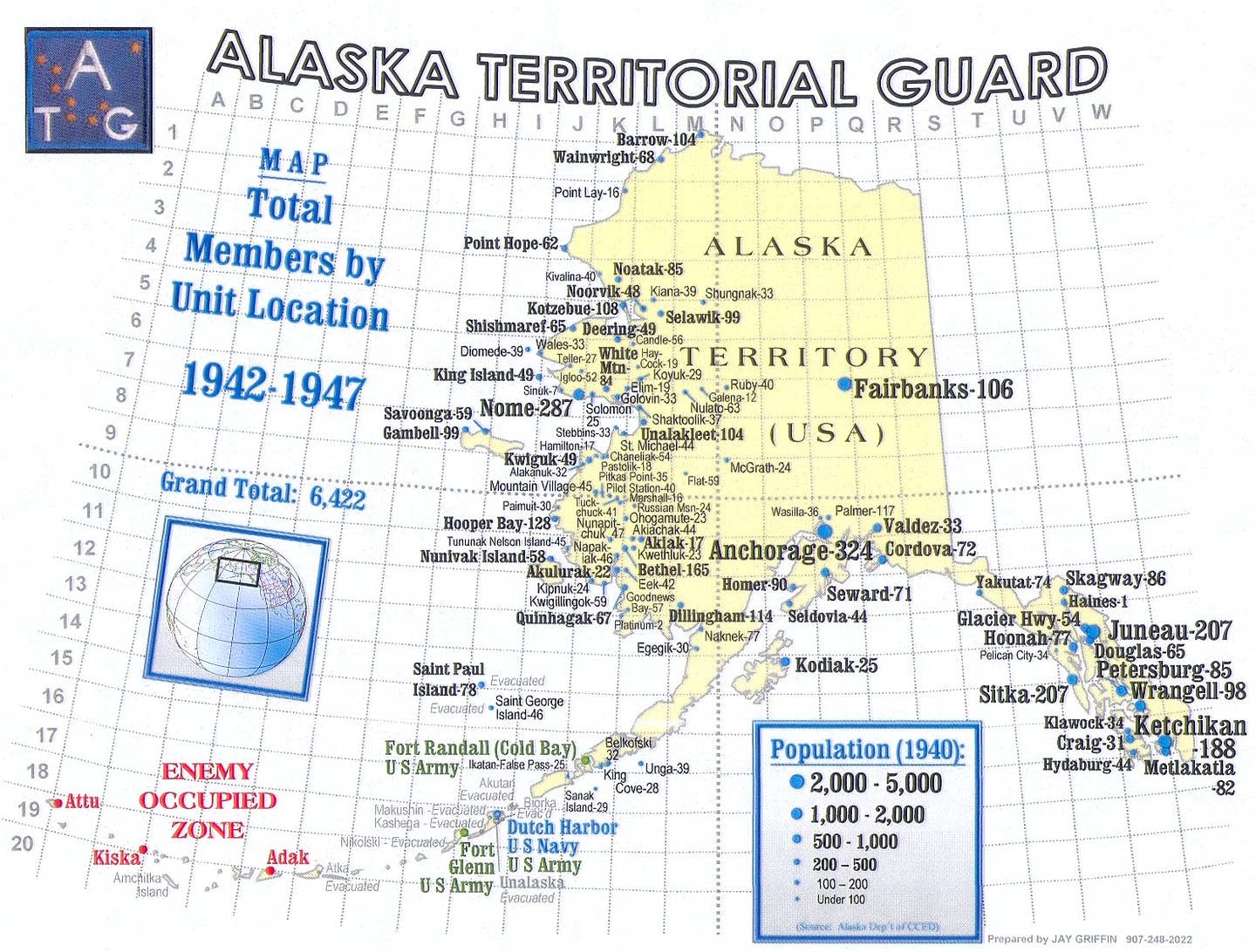 Alaska Territorial Guard map showing Alaska Territorial Guard unit locations, major military bases, and the Aleutian evacuation.