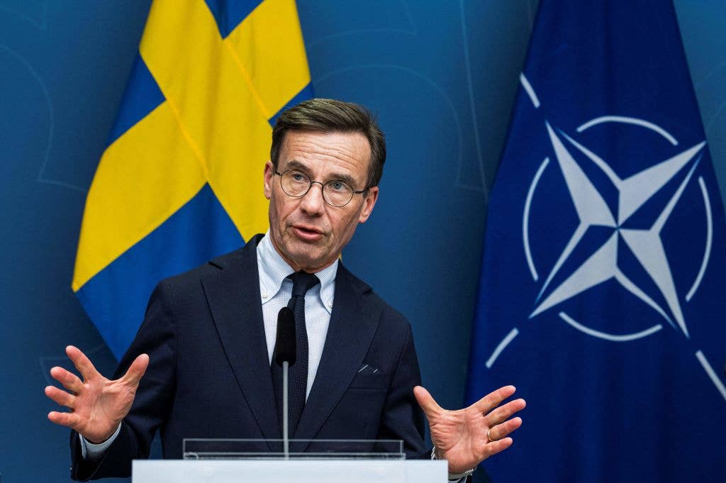 Swedish Prime Minister Ulf Kristersson addresses a joint press conference with the NATO Secretary General in Stockholm on March 7, 2023, following a meeting with all Swedish party leaders who are in favor of a Swedish NATO membership. (Photo by Jonathan NACKSTRAND / AFP) (Photo by JONATHAN NACKSTRAND/AFP via Getty Images)