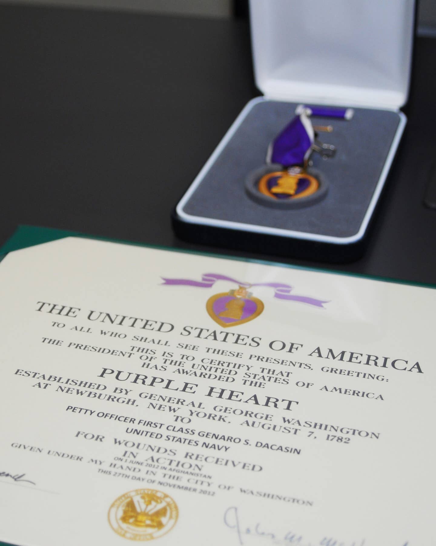 purple heart medal and citation