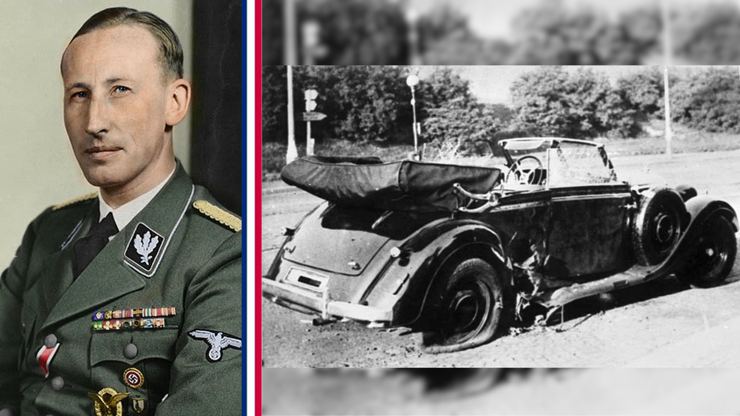 A photo of Reinhard Heydrich and his vehicle which was bombed during Operation Anthropoid