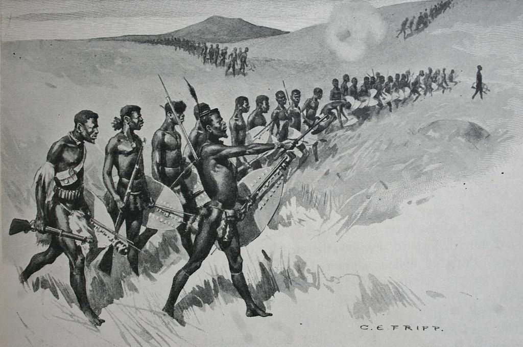 Zulu regiment attacking at Isandlwana. Wikimedia Commons.