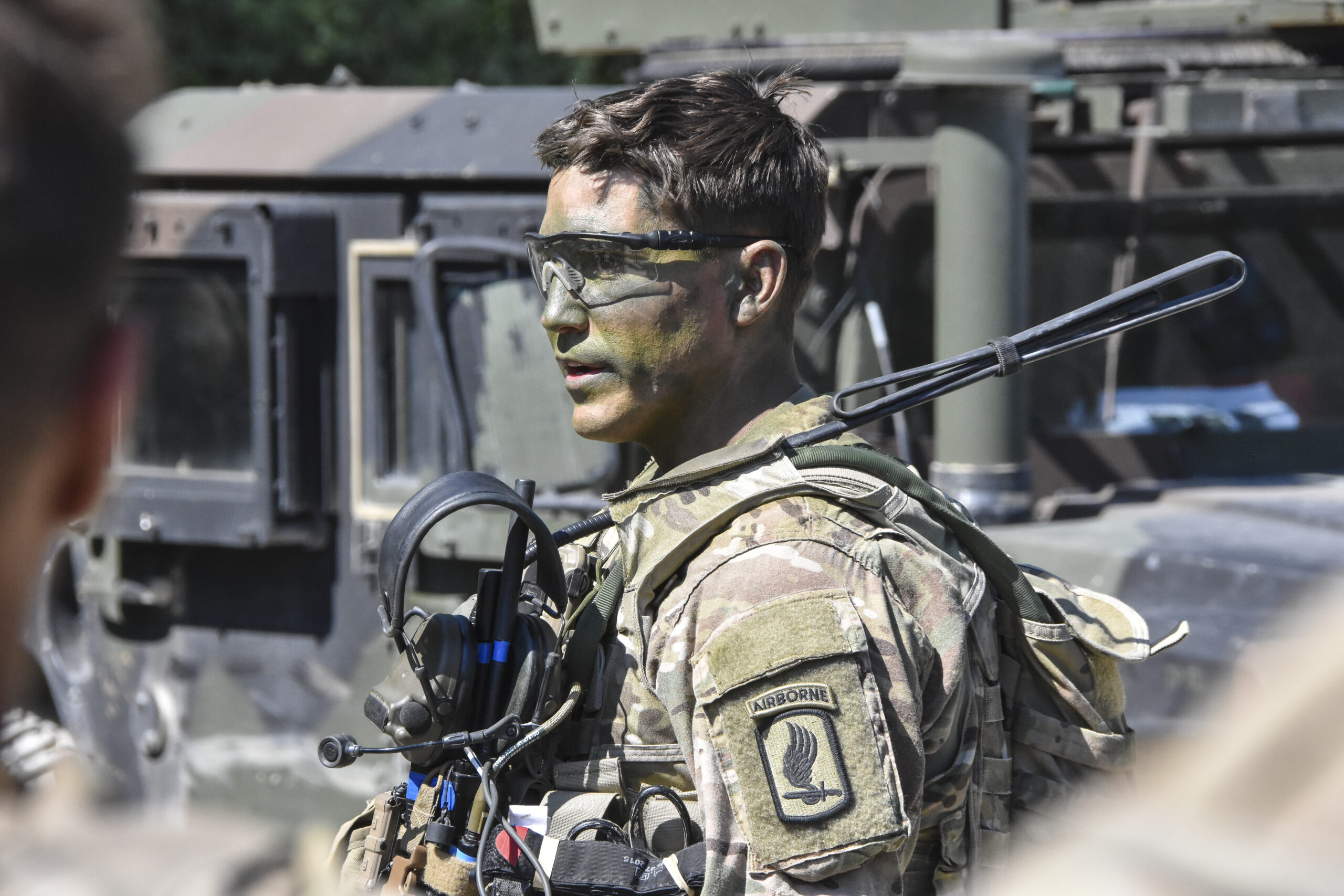 The Command Sergeant Major for 1/91 Cavalry Regiment of the 173rd Airborne Brigade gives guidance prior to a combine arms training exercise.
