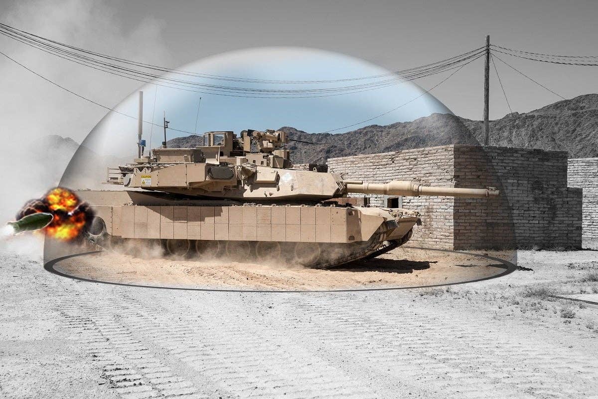 A visual concept of Trophy protecting an M1 Abrams.