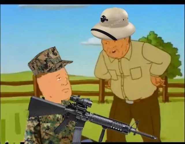 Bobby Hill and his grandpa shown as a Marine and a shooting instructor on a rifle range.