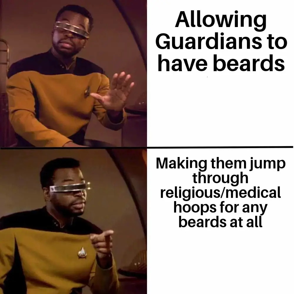 Star Trek meme making fun of Space Force guardian beard policy.