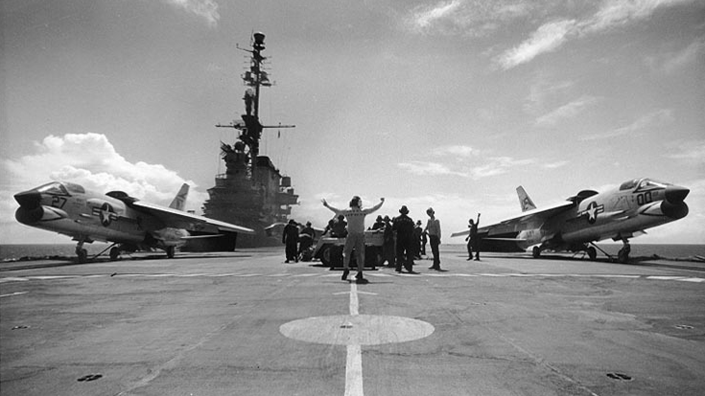 F-8 Crusader on aircraft carrier USS Midway.