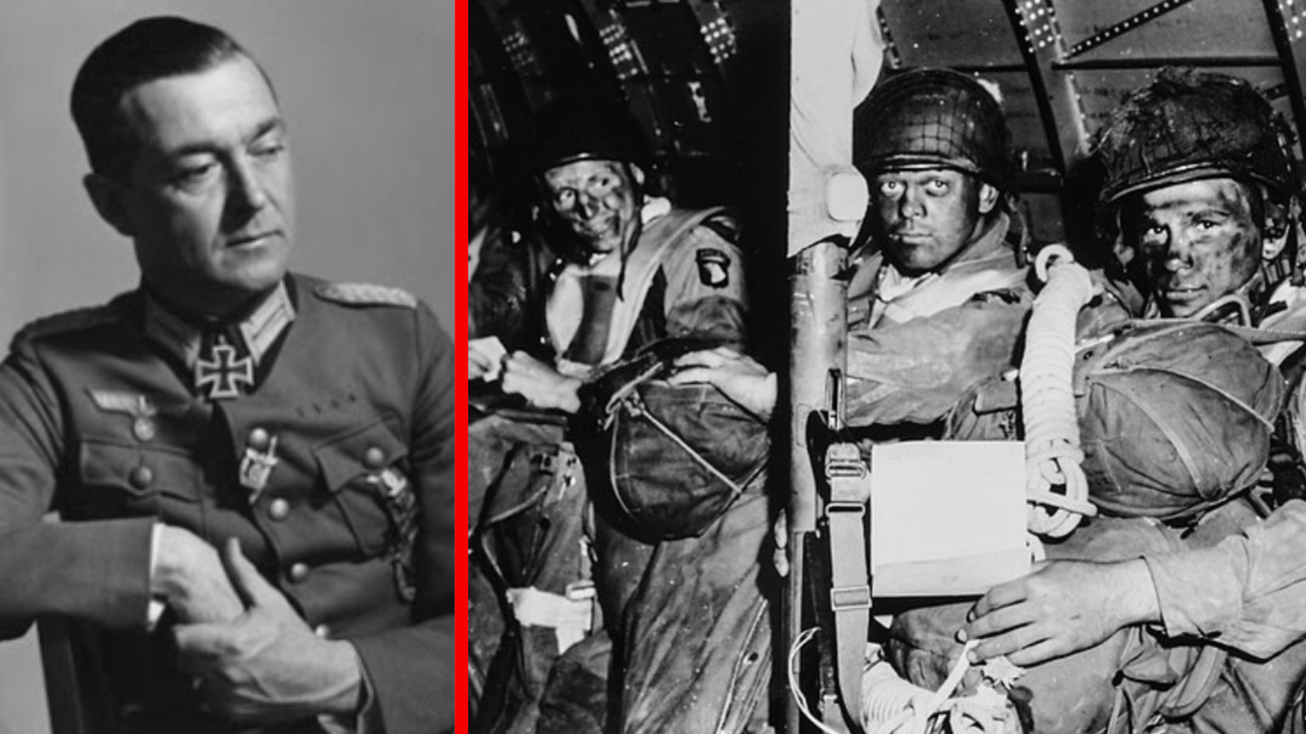 German general, left; paratroopers on D-Day, right