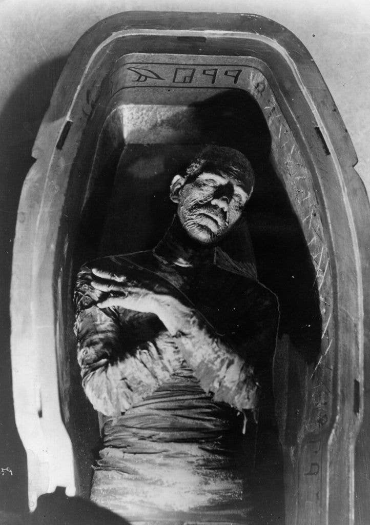 Evil mummy encased in his sarcophagus in the film 'The Mummy'.