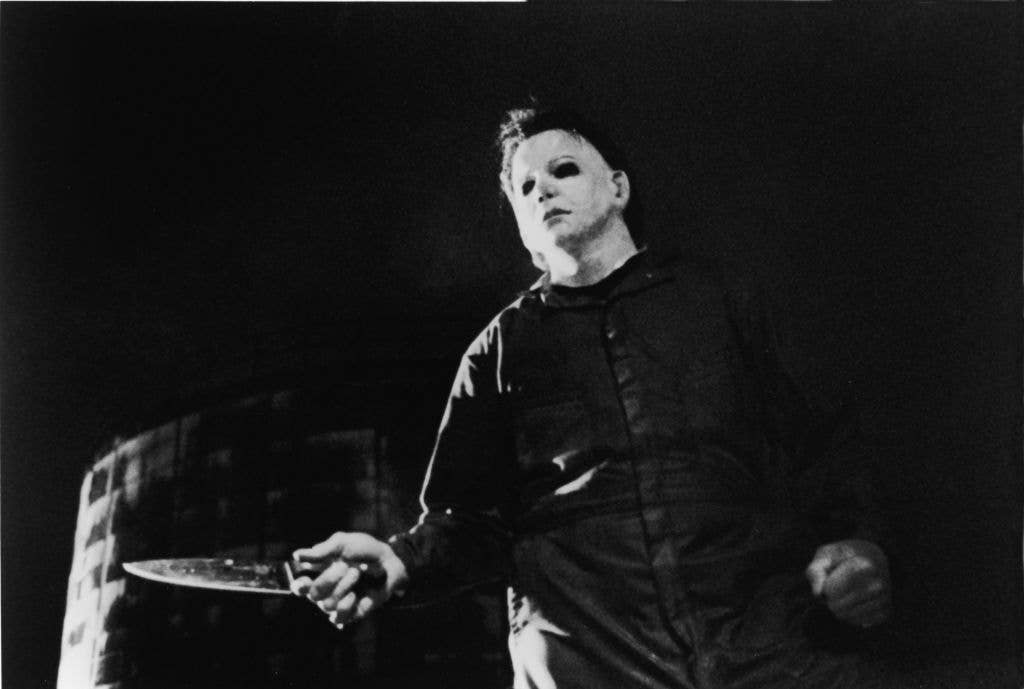 One of the top horror movie villains, Michael Myers, wields a knife.