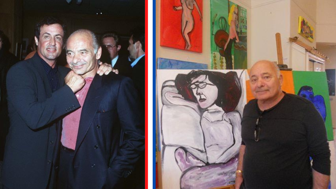 Sly Stallone with Burt Young on the 20th anniversary of Rocky and Young with some of his paintings.