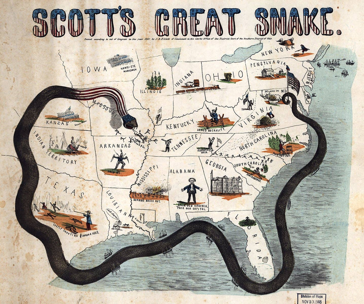 1861 cartoon map of Scott's Anaconda Plan with caricatures.
