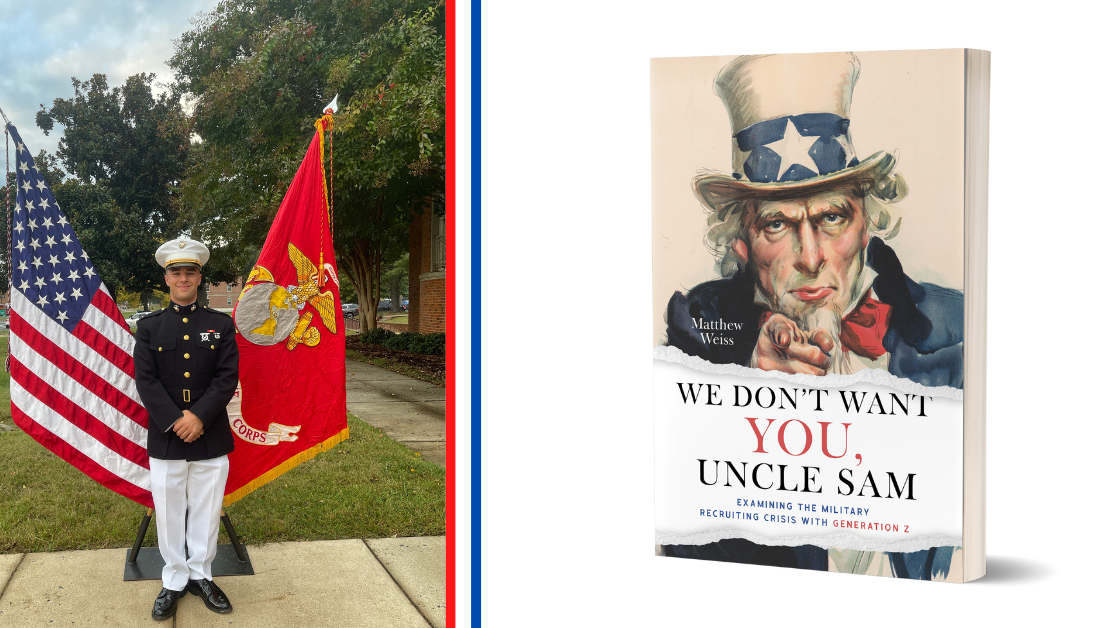 Matthew Weiss standing in dress blue uniform and his book cover.