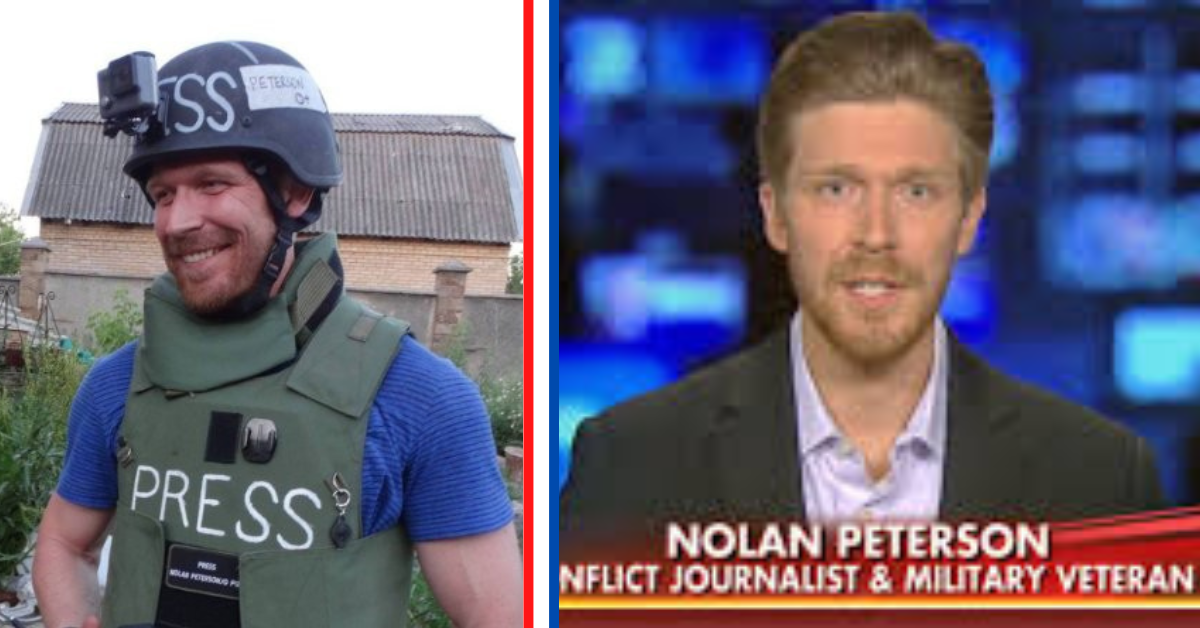 Nolan Peterson journalist in protective gear and on a television set.