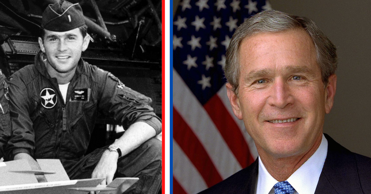 George Bush in military uniform next to his official White House portrait.
