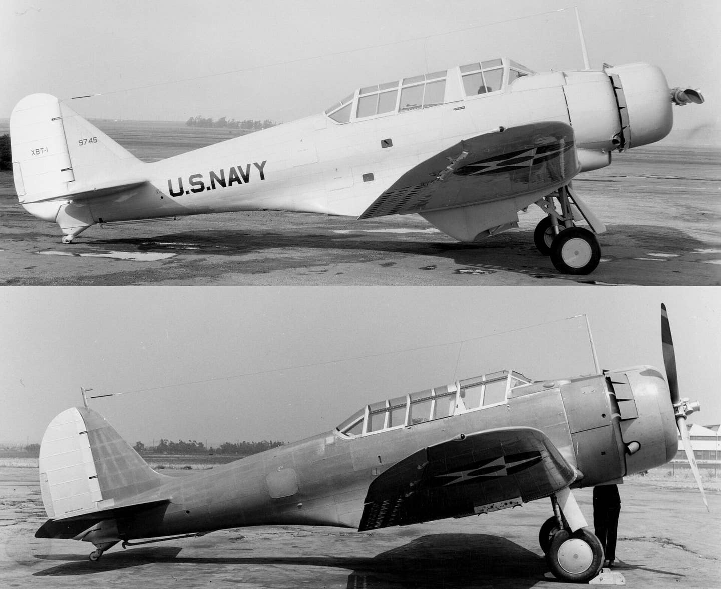 <em>The XBT-1 (top) and XBT-2 (bottom) served as the bases of the SBD (U.S. Navy)</em>