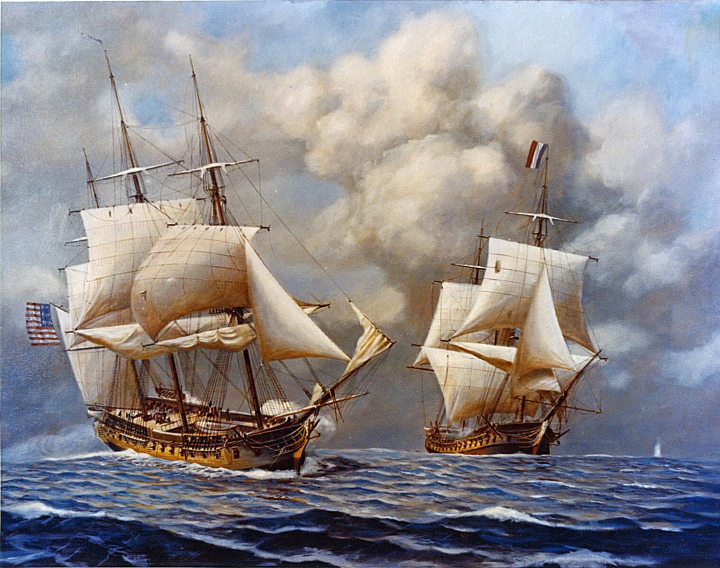 Scene depicting the engagement, with the USS Constellation (left), firing upon the L'Insurgente (right).