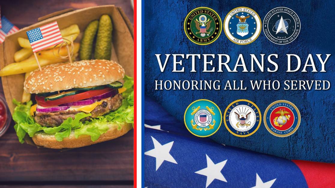 Cheeseburger and veterans day with military logos.