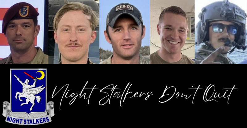 Faces of five Night Stalkers killed in training accident with unit logo shown.