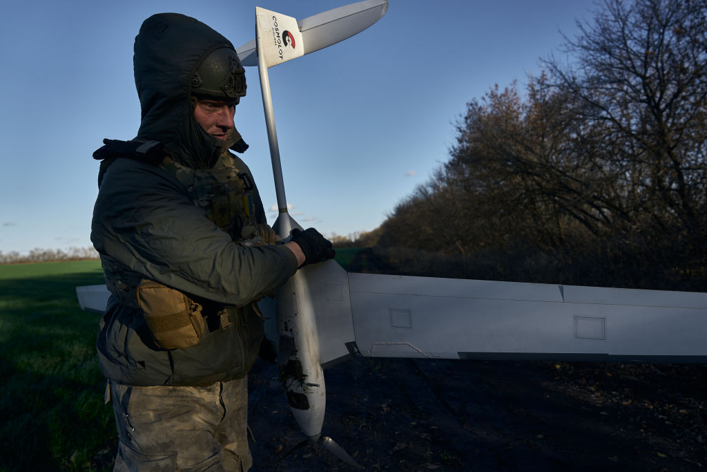 VUHLEDAR, UKRAINE - NOVEMBER 7: Ukrainian military operate a Punisher drone, a small fixed-wing reusable aircraft used by frontline infantry to strike military targets, on November 7, 2023 near Vuhledar, Ukraine. (Photo by Kostya Liberov/ Libkos via Getty Images)