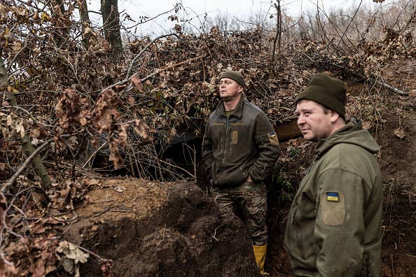 DONETSK OBLAST, UKRAINE - NOVEMBER 26: Ukrainian soldiers are seen in a trench in their fighting position in the direction of Gorlivka, as Russia-Ukraine war continues in Donetsk Oblast, Ukraine on November 26, 2023. (Photo by Diego Herrera Carcedo/Anadolu via Getty Images)