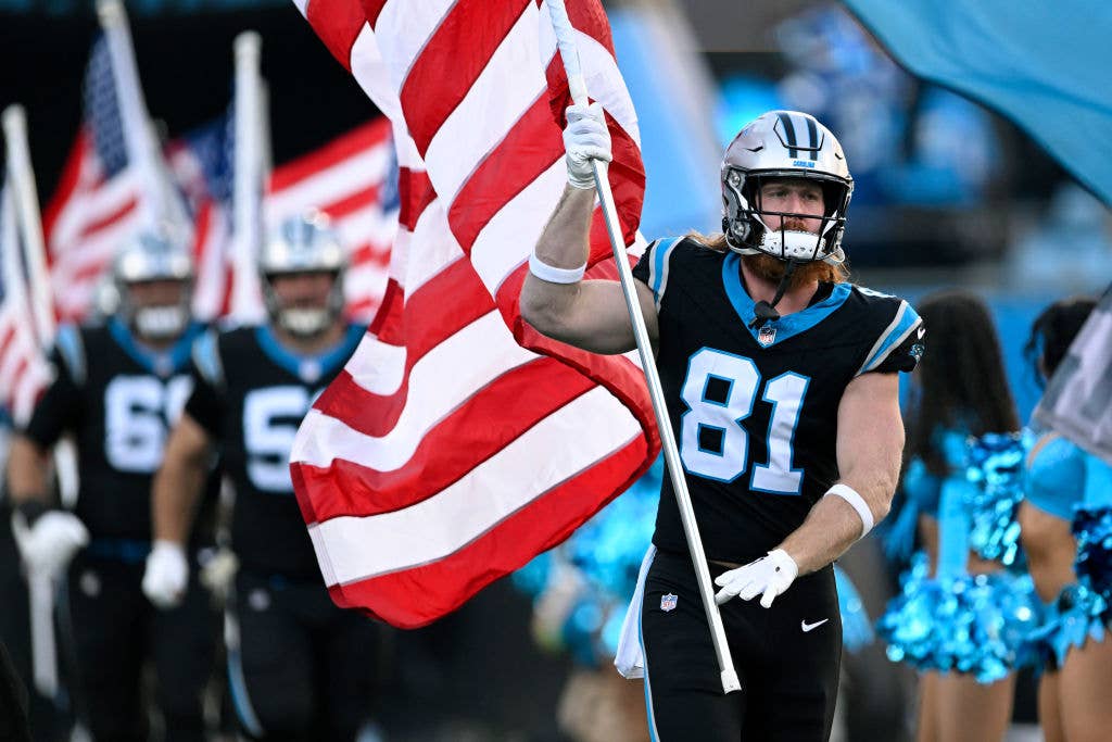CHARLOTTE, NORTH CAROLINA - NOVEMBER 05: Hayden Hurst #81 of the Carolina Panthers takes the field before their game against the Indianapolis Colts at Bank of America Stadium on November 05, 2023 in Charlotte, North Carolina. (Photo by Eakin Howard/Getty Images)