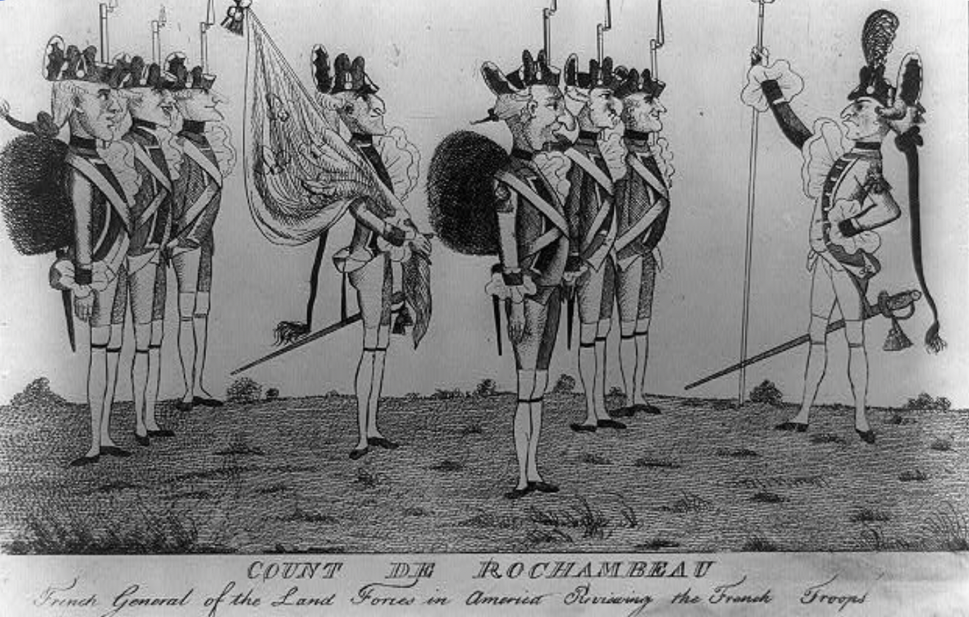Caricature of Jean-Baptiste Donatien de Vimeur de Rochambeau (1725-1807). "Count de Rochambeau, French general of the land forces in America reviewing the French troops". Etching. Public Domain. 